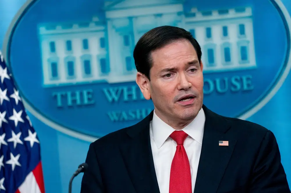 Marco Rubio, secretário de Estado dos EUA, durante coletiva de imprensa na Casa Branca, em Washington, em 5 de maio. Fotógrafa: Stefani Reynolds/Bloomberg